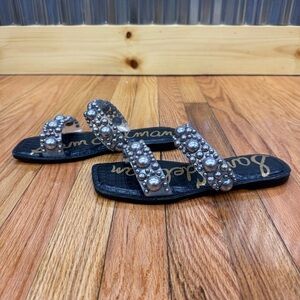 Sam Edelman Black Flat Sandals with Grey Beaded Accents